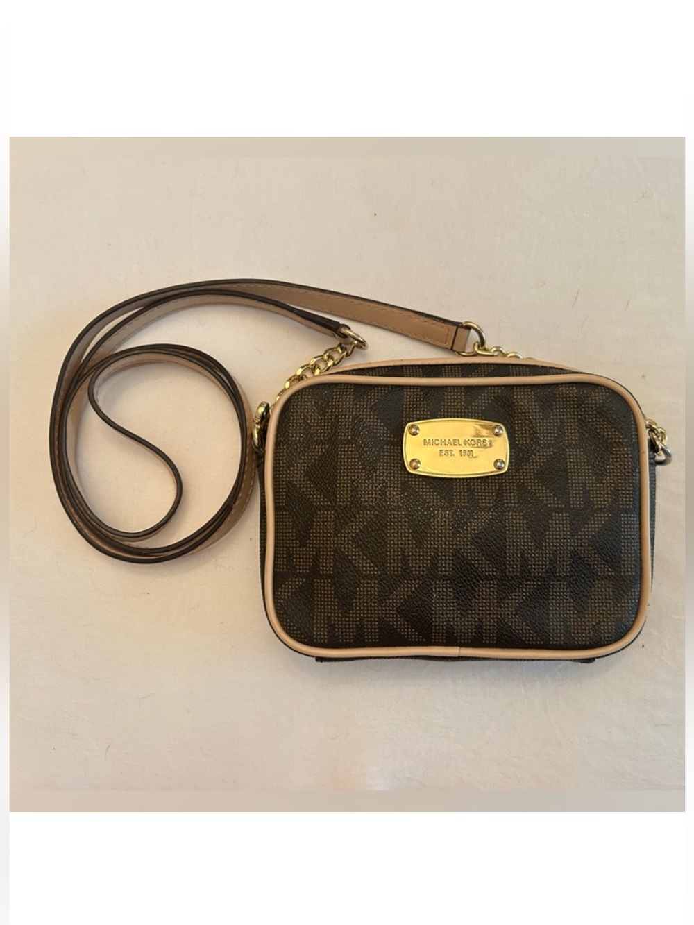 Michael Kors Brown Logo Crossbody with Beige Trim and Gold Plate